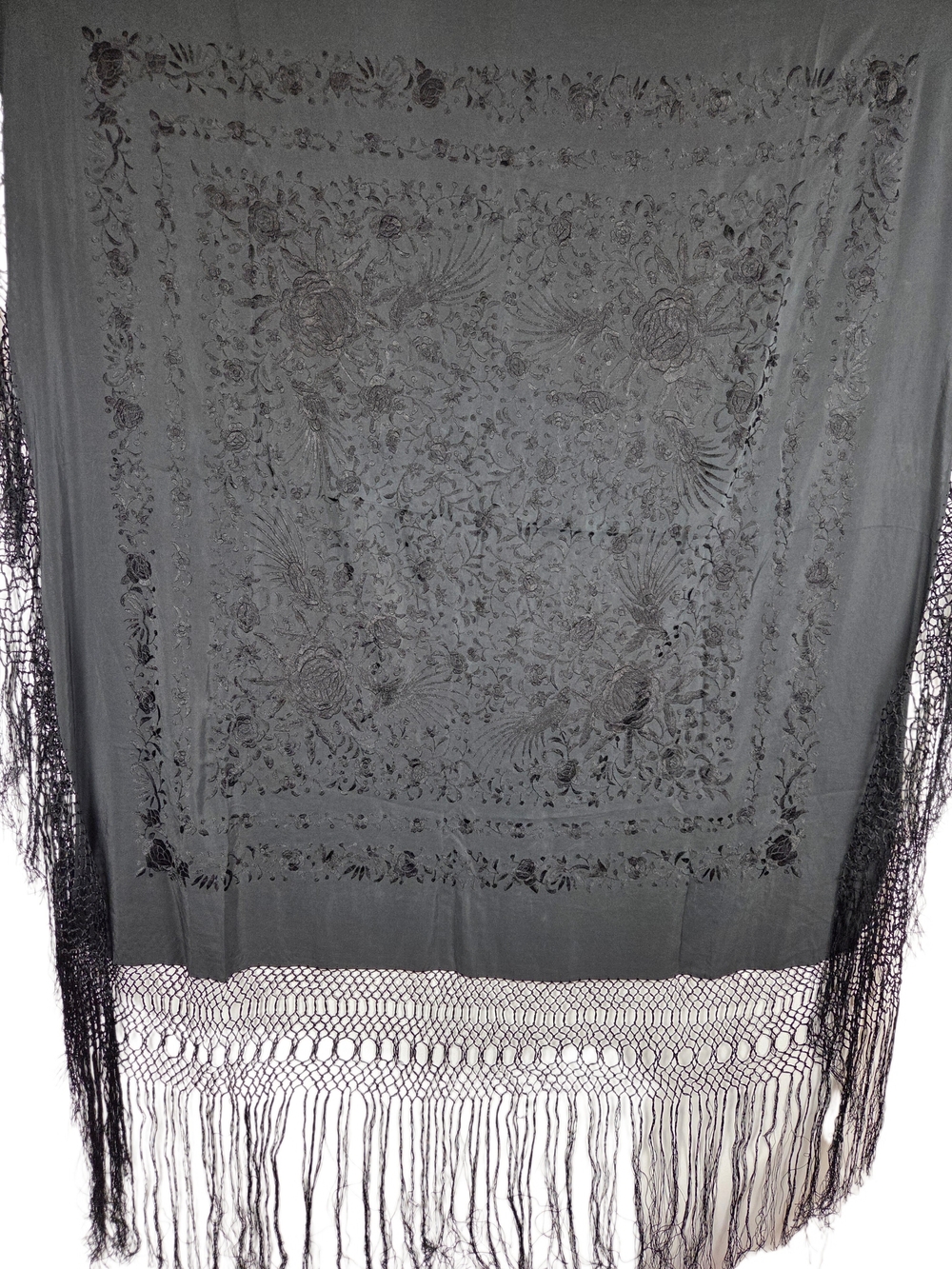 Antique 1920s Chinese Export Black Silk Piano Shawl, Hand-Embroidered